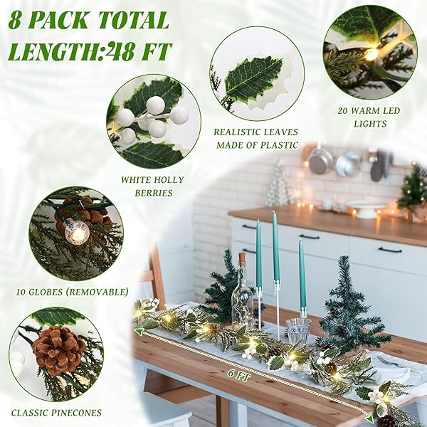 CEENNA 8 PACK 6 FT PRELIT CHRISTMAS GARLAND WITH GLOBE LIGHTS BATTERY OPERATED WITH TIMER REMOTE ARTIFICIAL LIGHTED HOLLY LEAVES GARLAND WITH PINE CONES BERRIES FOR MANTLE INDOOR OUTDOOR (WHITE)