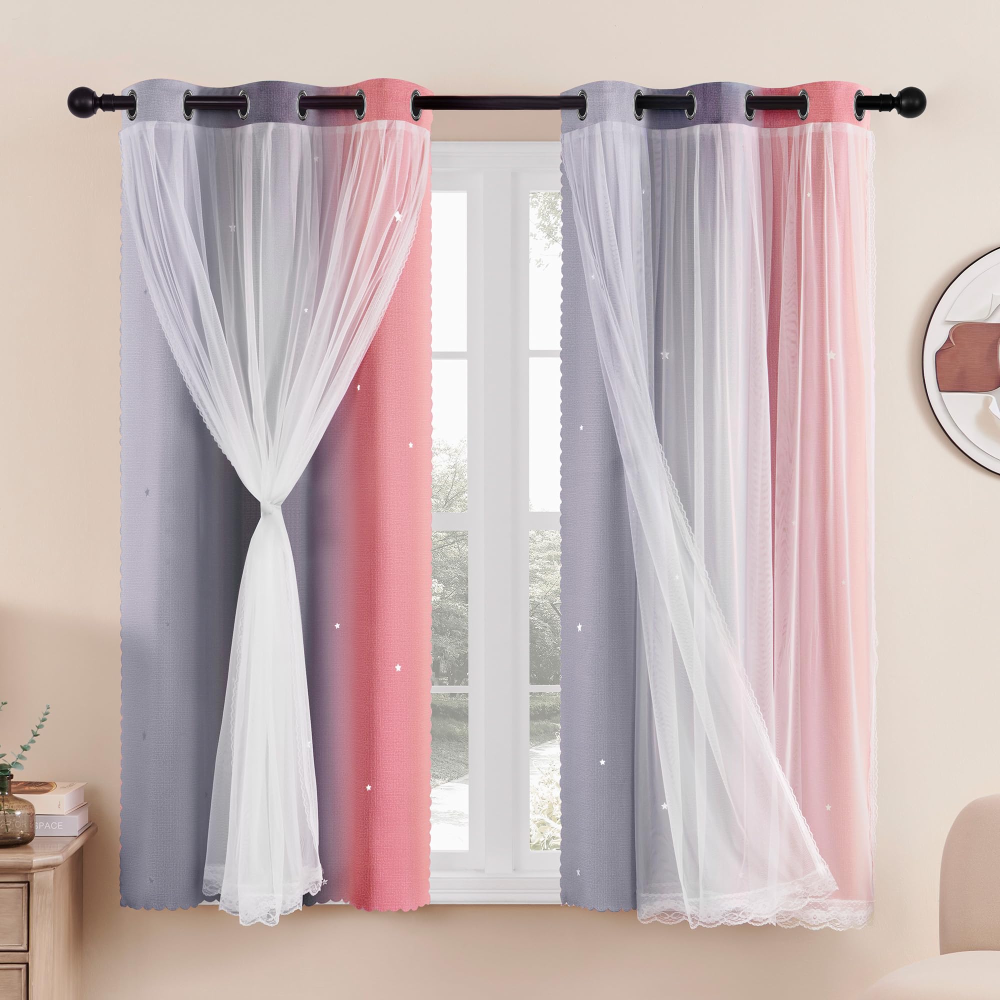 XiDi Blackout Curtains - Stars Cut Out Curtains for Bedroom Nursery Girls Kids Living Room Rainbow Drapery with Eyelet for Windows, 2 Panels W34xL63 Inch Pink Lightgrey Grey Draperies