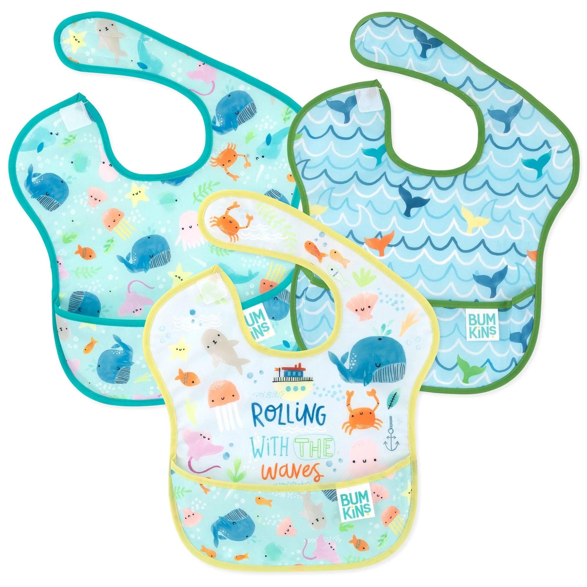 Bumkins SuperBib, Adjustable Hook & Loop Closure, Catch-All Pocket, Baby-Led Weaning, Waterproof, Machine Washable, Stain & Odour Resistant, BPA Free, 6-24 Months, 3-Pack, Rolling with Waves Design