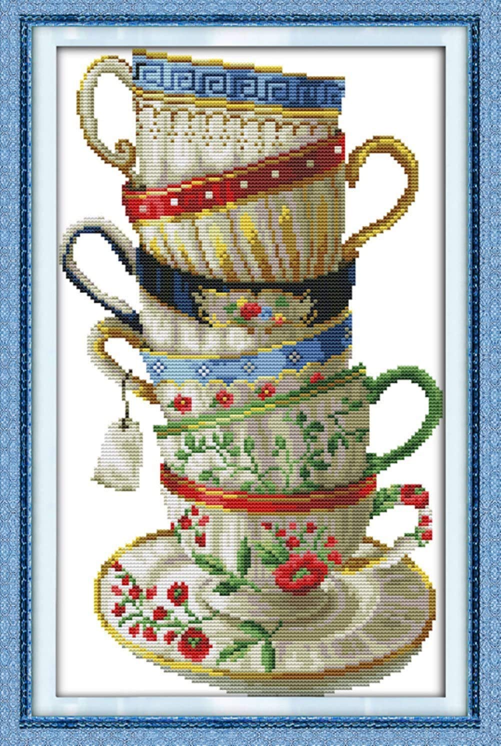 WOWDECOR Cross Stitch Embroidery Kits for Adults Kids, Exquisite Coffee Cup 11CT Stamped DIY DMC Needlework Easy Beginners