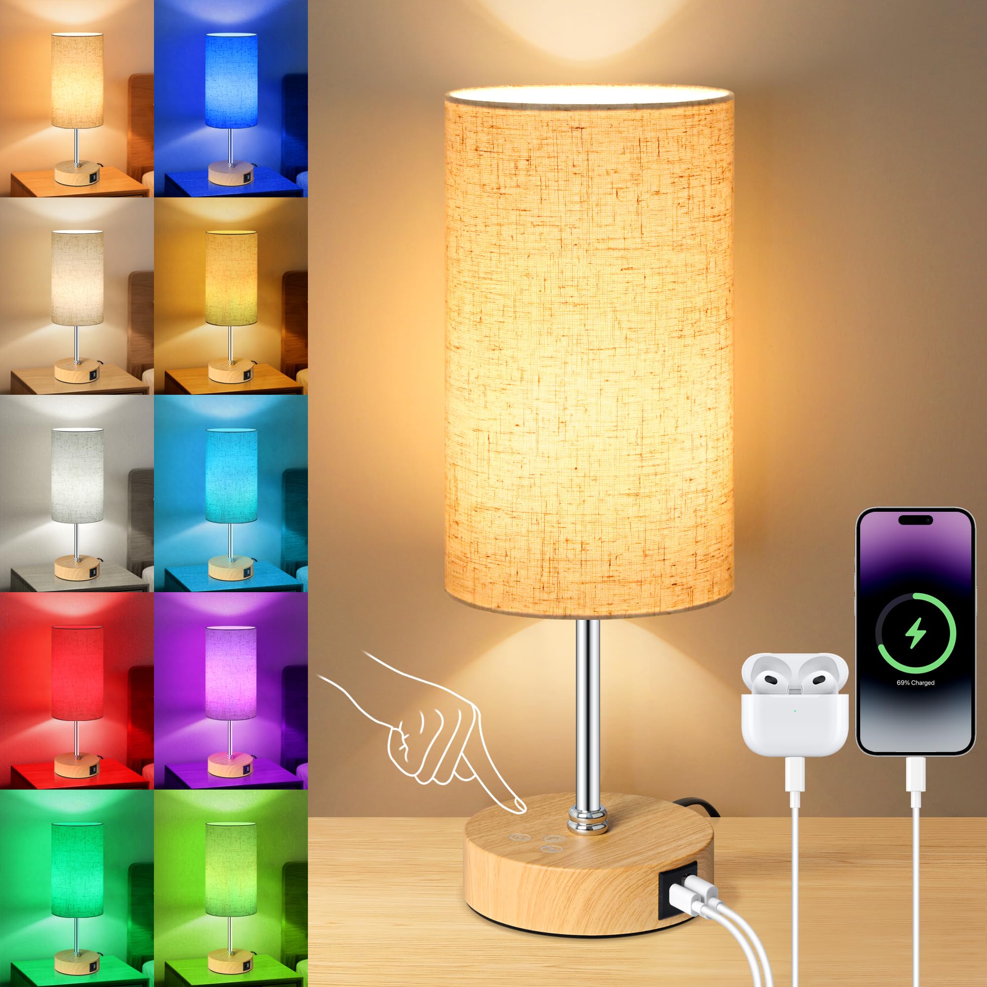 Photo 1 of Unicozin Small Table Lamp, 3CCT & 7 RGB Color Changing, Dimmable Nightstand Lamp with Wood Grain Base, Touch Bedsides Lamp for Bedroom, Office, Kids Room, Nursery, Party, Beige Shade