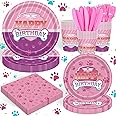 120PCS Pink Dog Paw Party Supplies for Girls 1st 2rd Birthday Party Cartoon Paw Logo Party Pink Puppy Decorations Tableware Set Napkin Cups Forks Knives for 20 Guests