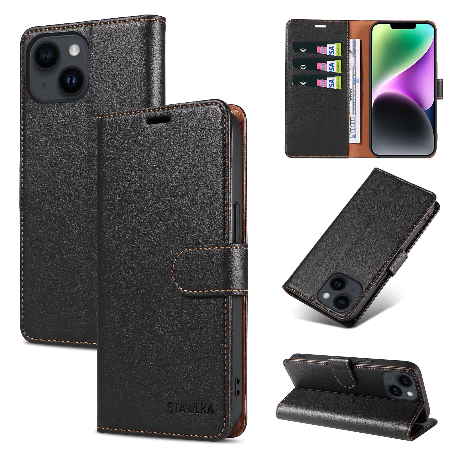 STAWLKA Case for iPhone 14, Premium PU Leather Flip Magnetic Buckle Wallet Case Kickstand Blocking RFID Shockproof Protective Phone Cover for iPhone 14 - Black