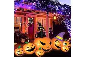 BRDJade 8FT Long Halloween Inflatables Pumpkin Outdoor Decorations, 7 Blow Up Pumpkins Inflatables with Witch Hat & Black Cat Built-in LED Lights for Halloween Party Yard Garden Lawn Decorations