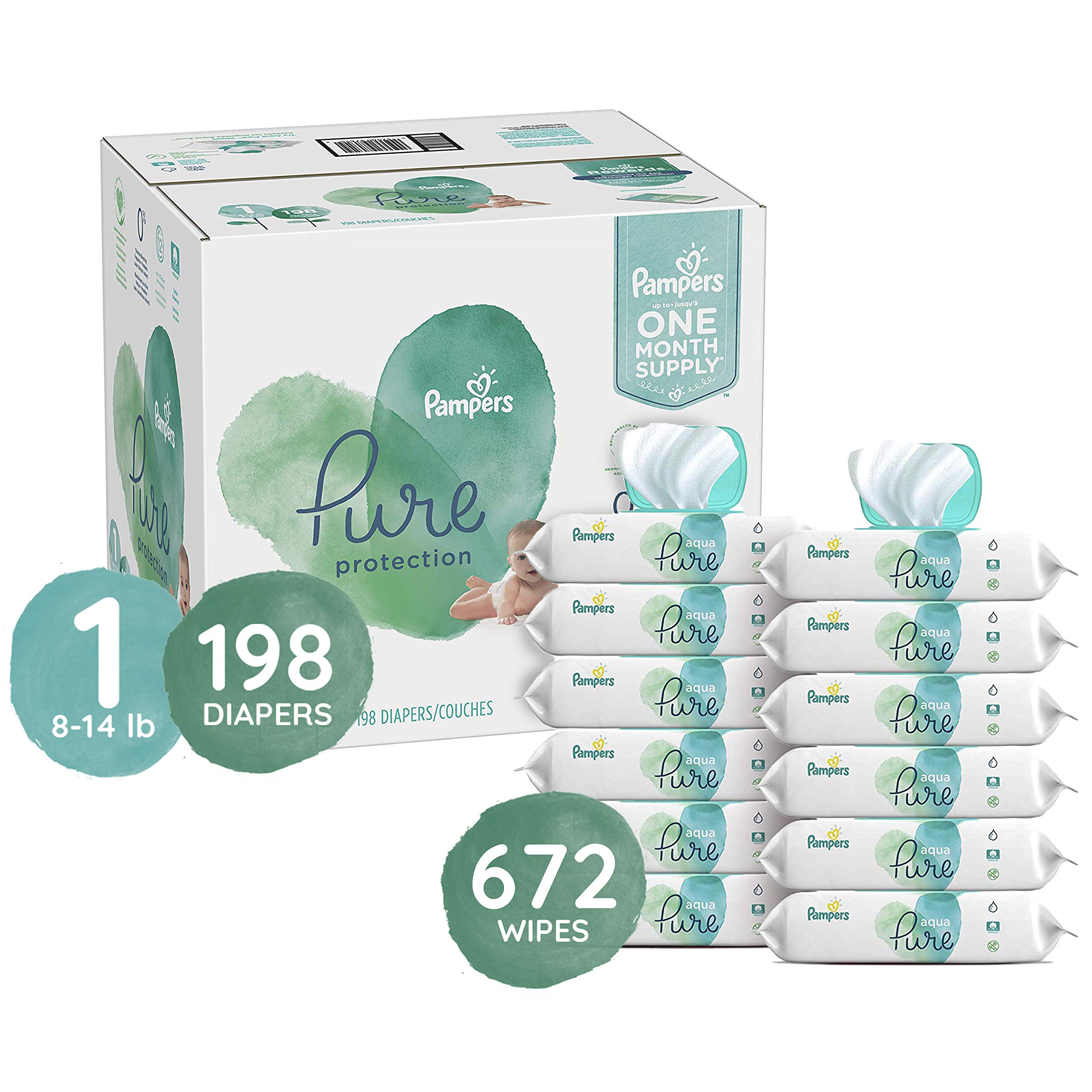 Diapers Size 1, 198 Count and Baby Wipes - Pampers Pure Protection Disposable Baby Diapers, Hypoalle