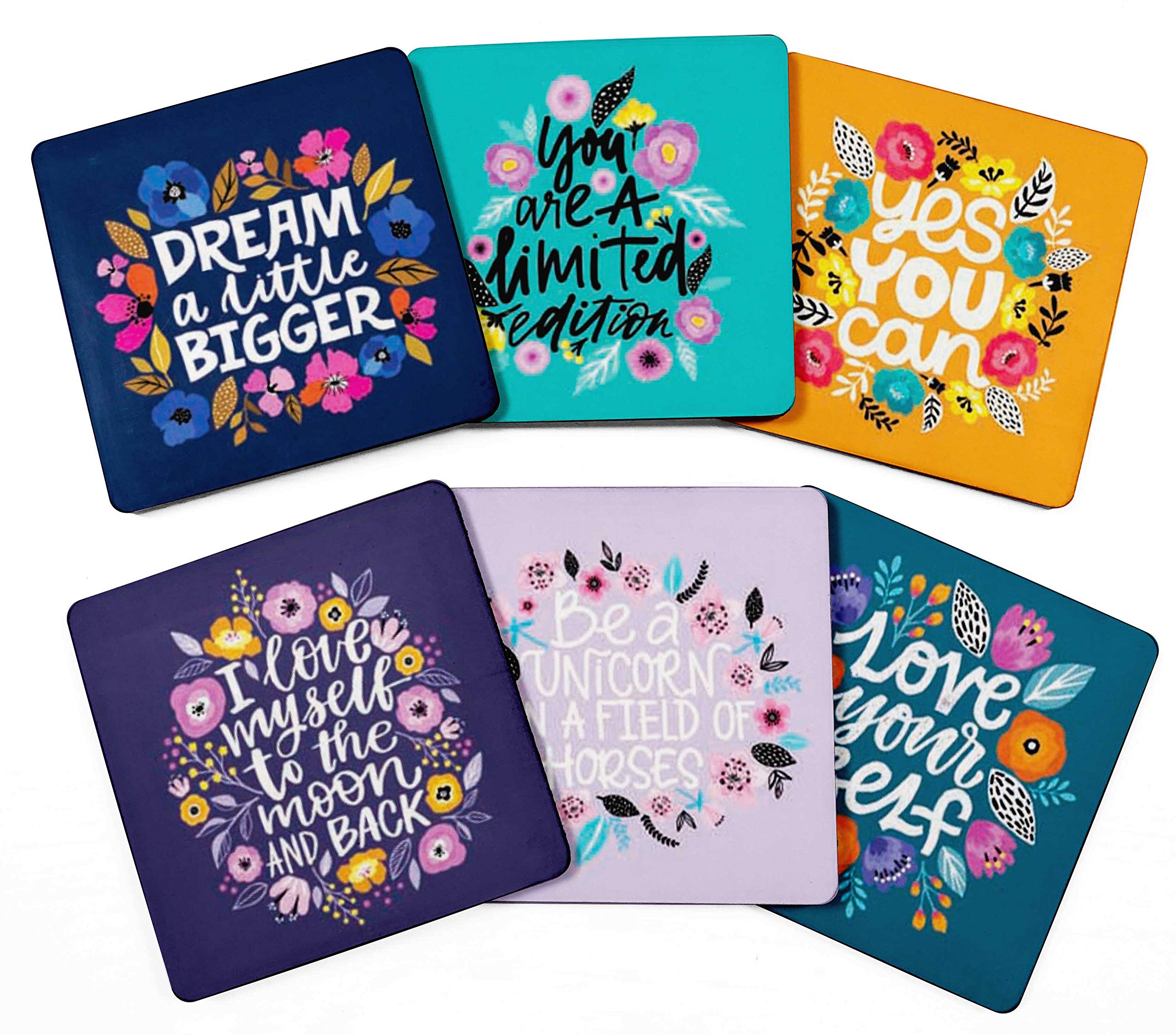 Inkdotpot Set of 6 Drink Coasters Decorative Non,Slip Cork Base 4-inch Square Printed Coasters Easy Clean- feminist quotes