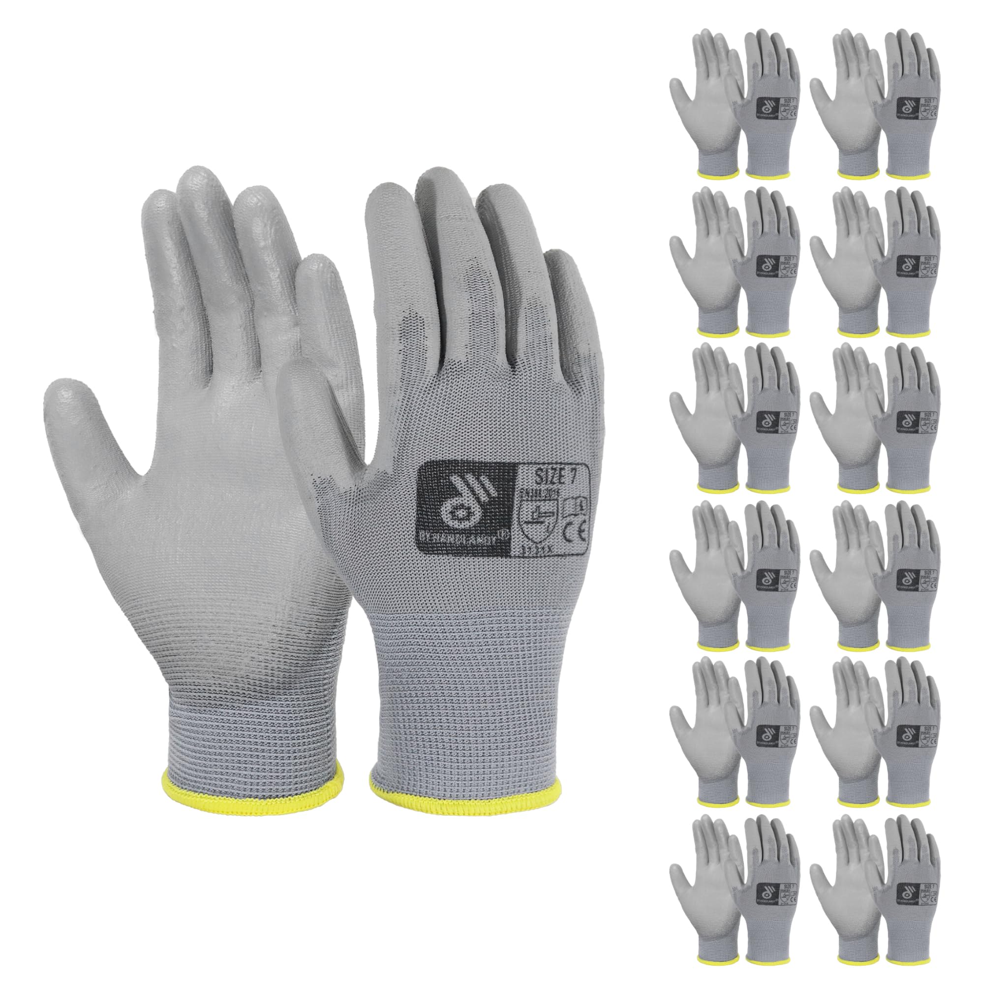 HANDLANDY 12 Pairs PU Coated Nylon Black Protective Work Gloves, Non-slip Flexible Gloves for Construction, Warehouse, Gardening (Grey, Small)