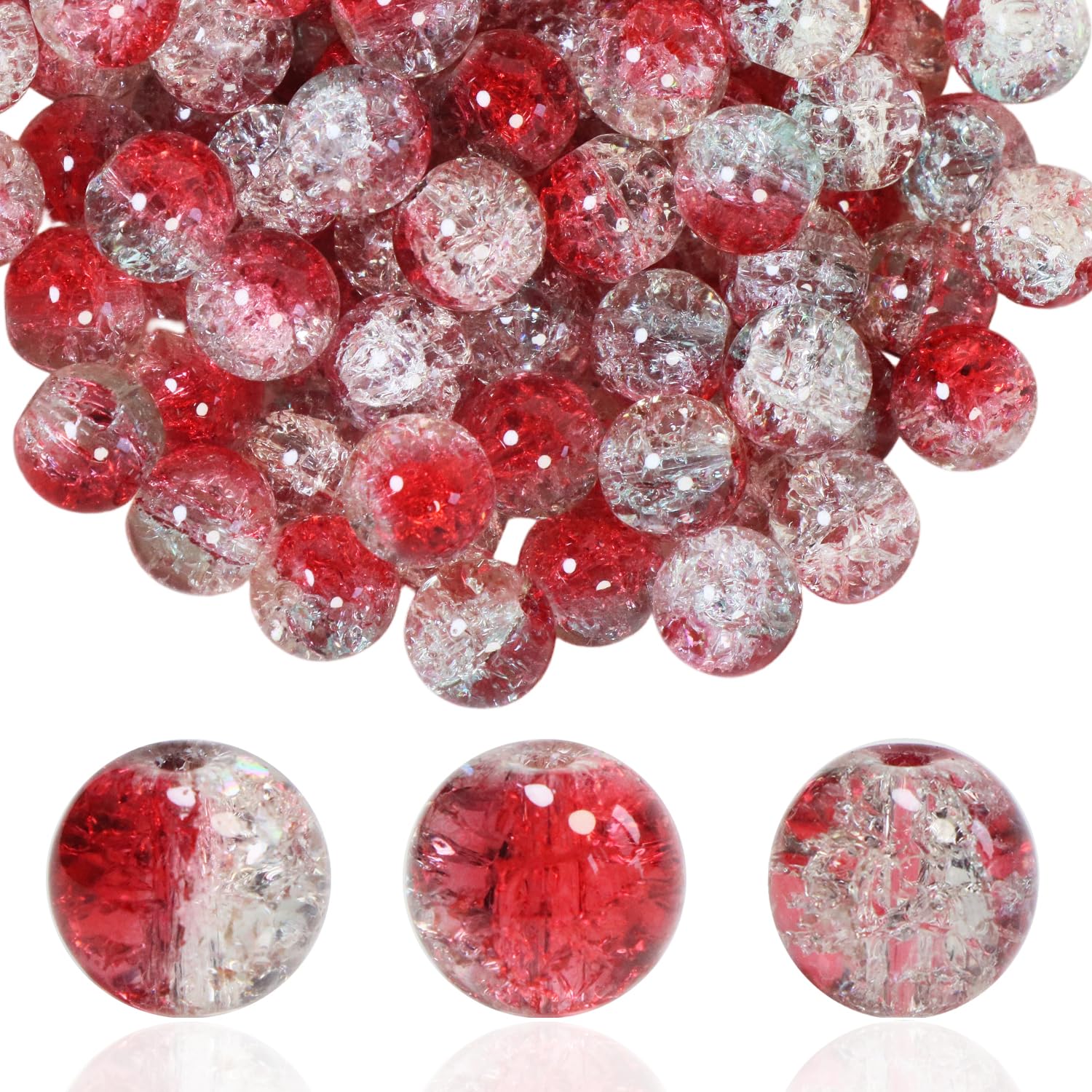 Photo 1 of 100Pcs 10mm Crackle Glass Beads for Jewelry Making - Round Spacer Crystal Beads Bulk, DIY Craft Supplies for Necklace Bracelet Earrings (Red Light Green Transparent)