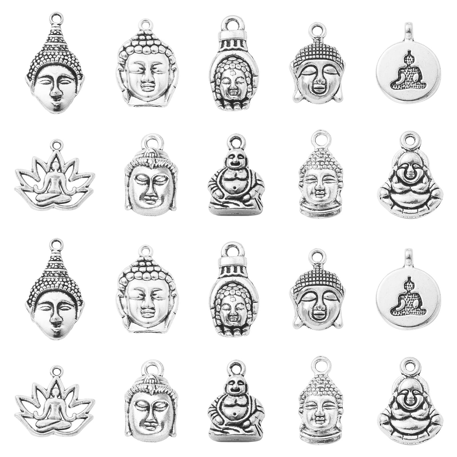 Stiesy 100Pcs 10 Styles Antique Religion Charms Tibetan Silver Buddhism Buddha Lotus with Yoga Dangle Charms for Jewelry Making DIY Crafts Gift