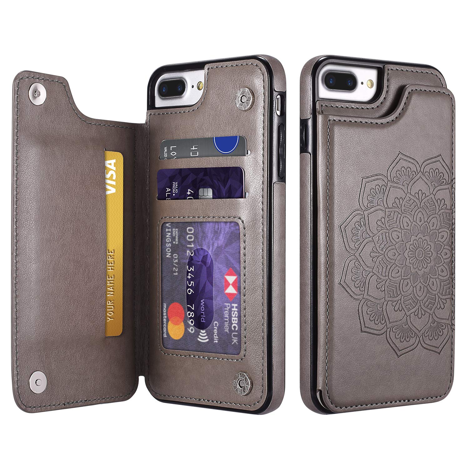 UEEBAI Case for iPhone 6 Plus iPhone 6S Plus,Luxury PU Leather Case [Two Magnetic Clasp] [Card Slots] Stand Function Embossed Mandala Pattern Half Flower Durable Soft TPU Back Wallet Cover - Grey#2