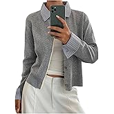 WDIRARA Women's Striped Button Up Cardigan Sweaters Long Sleeve Collared 2 in1 Knit Outerwear