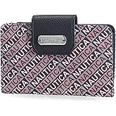 Nautica Womens, Close Reach Vegan Leather RFID Wallet, Small Credit Card Holder Purse with Zipper Coin Pocket and ID Window in Indigo Jacquard