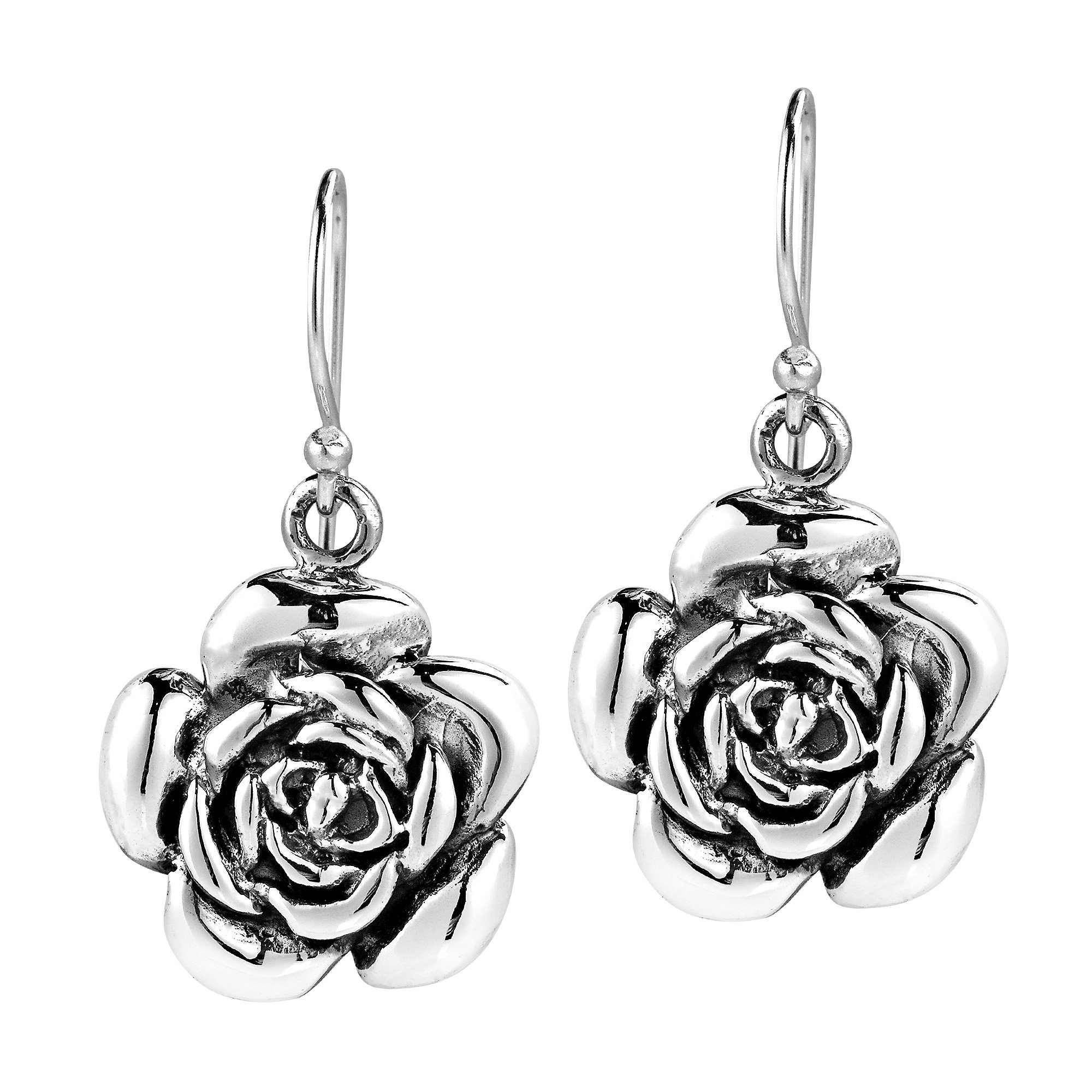 Sweet Blooming Rose .925 Sterling Silver Dangle Earrings