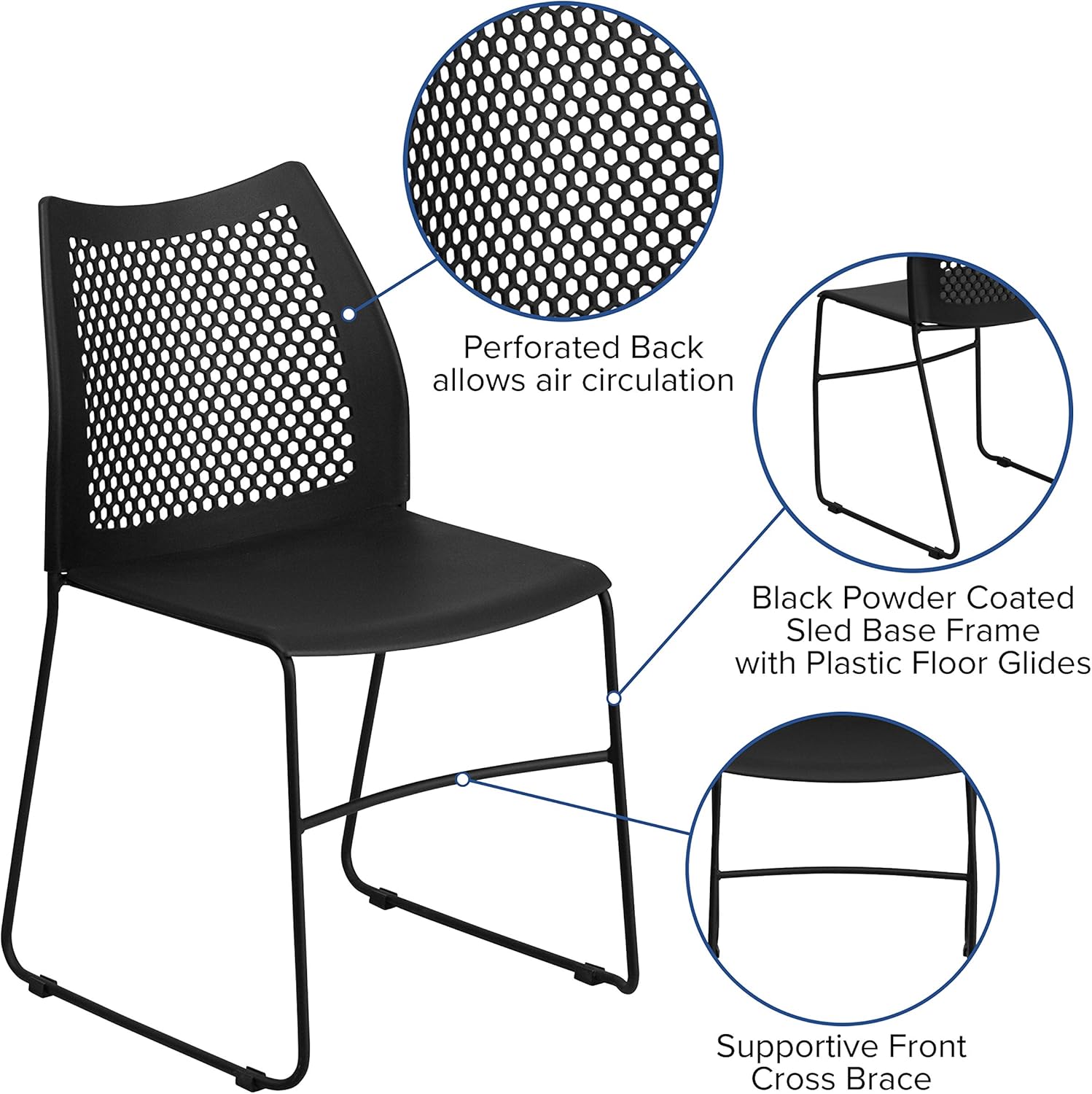 Flash Furniture 5 Pack HERCULES Series 661 lb. Capacity Black Stack Chair with Air-Vent Back and Black Powder Coated Sled Base: Furniture & Decor