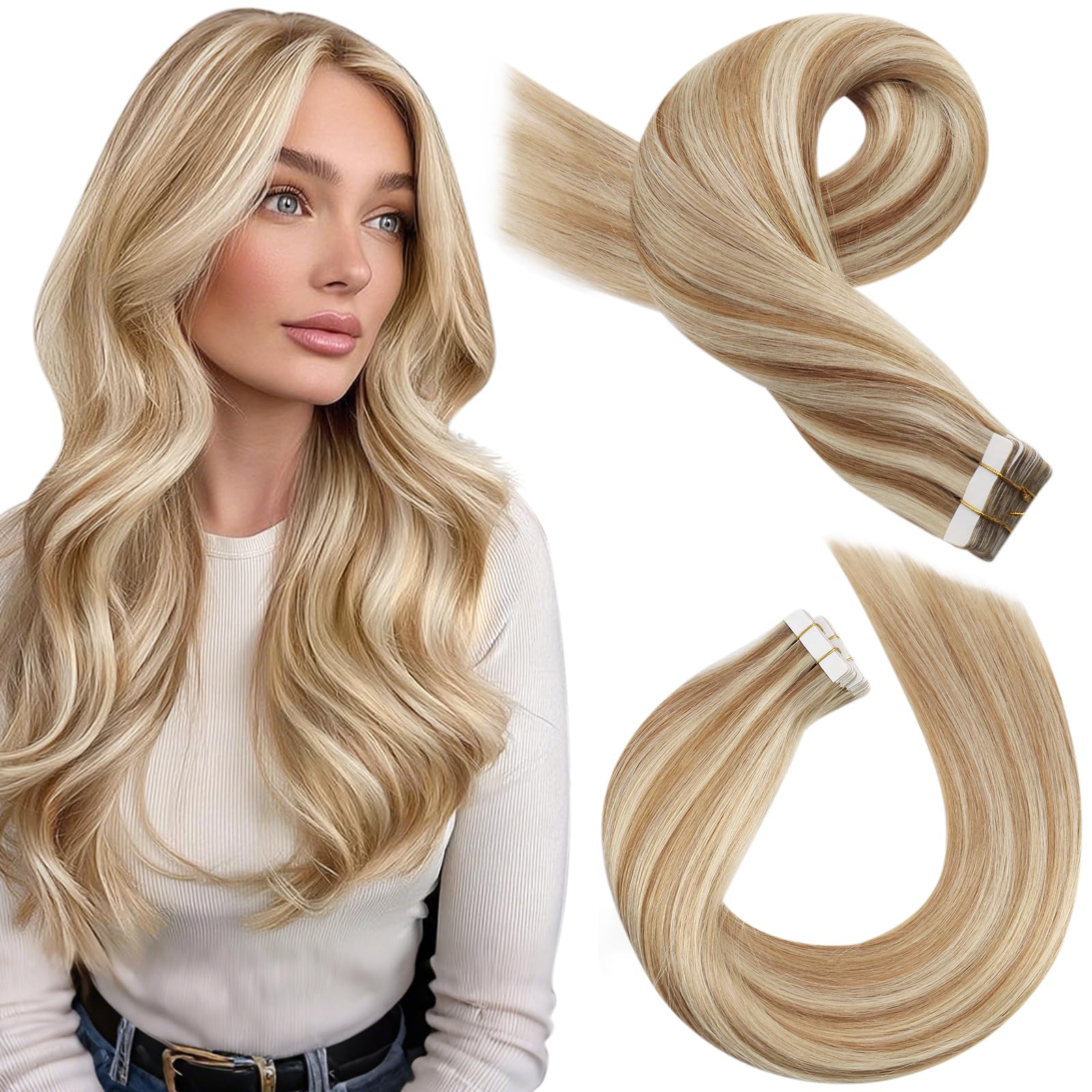 Moresoo Tape in Human Hair Extensions 18 Inch 20pcs/50g Tape in Hair Extensions Human Hair Medium Brown Highlights with Platinum Blonde Invisible Double Sides Tape-ins #P6/60