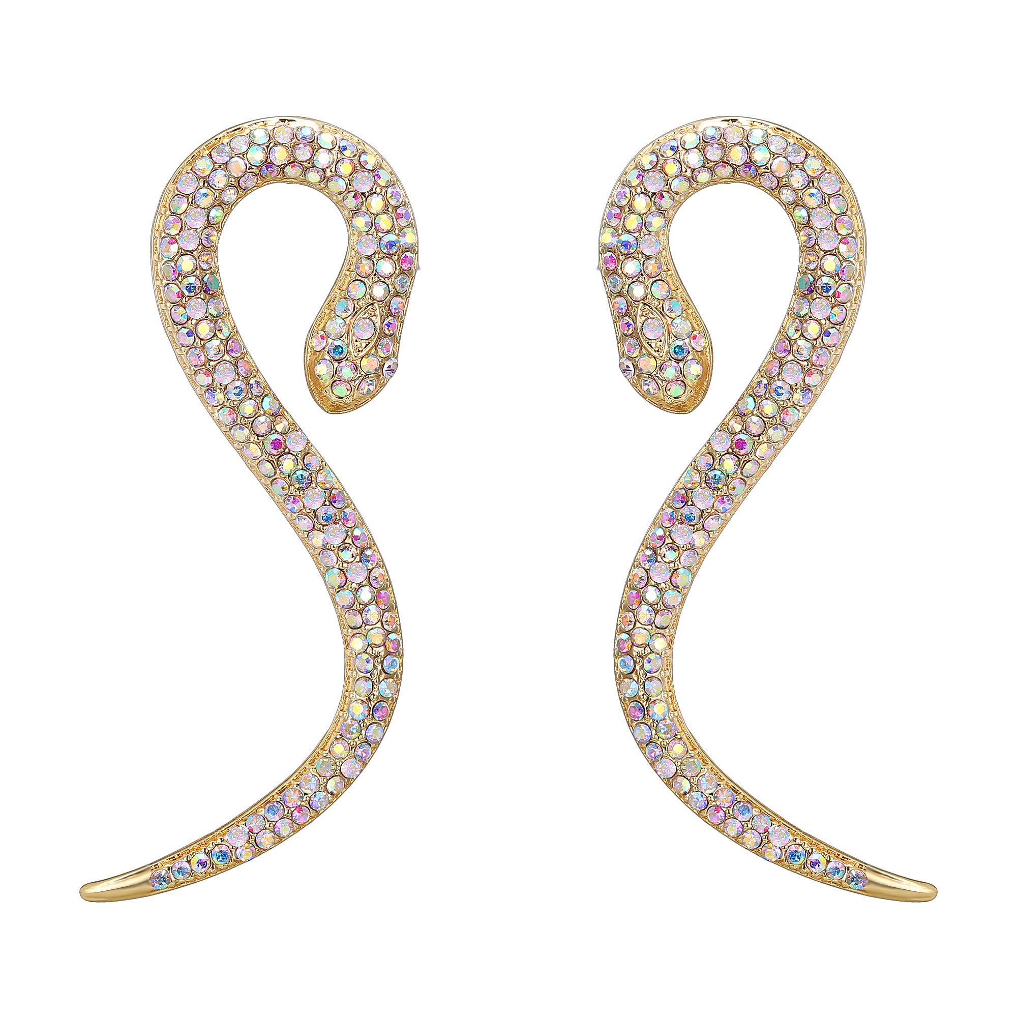 EVER FAITH Halloween Earrings, Rhibnestone Snake Earring Dangle, Costume Statement Snakes Jewellery Serpent Earrings Snake Cosplay Jewellery Accessories Iridescent Clear AB Gold-Tone