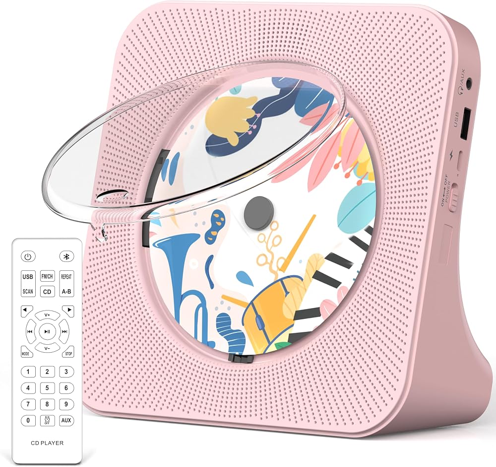GREADIO Portable CD Player Bluetooth 5.0 Speaker System Pink