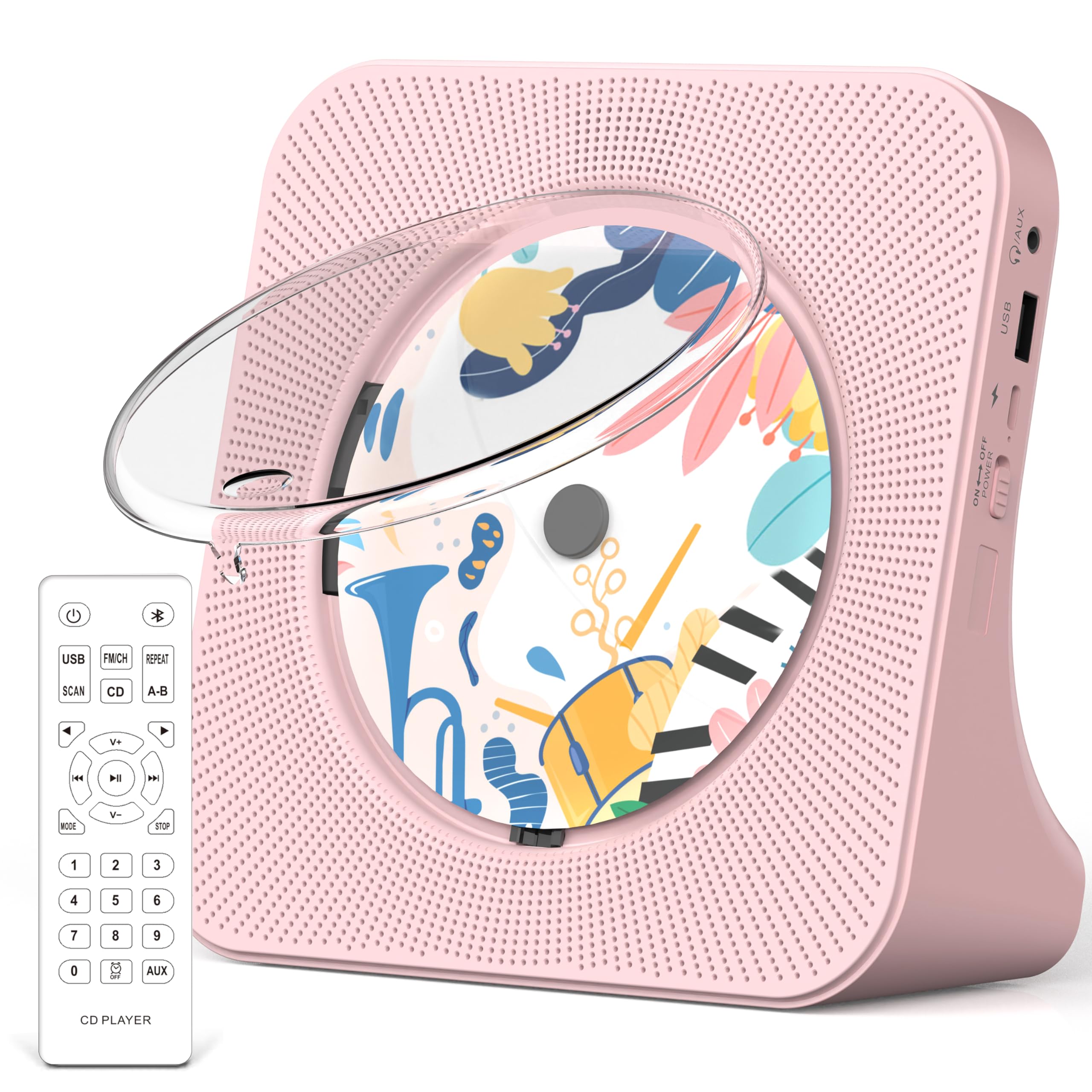 Greadio Portable CD Player with Bluetooth 5.0, Desktop CD Players for Home, CD Music Player with Speakers, Remote Control, Dust Cover, FM Radio, LCD Display, AUX, USB, Headphone Jack, Pink