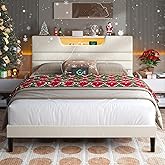 OURPIC Queen Bed Frame with Charging Station and LED Light, Upholstered Bed Frame Queen Size with Headboard, Wood Bedframe No Box Spring Needed, Easy Assembly, Beige