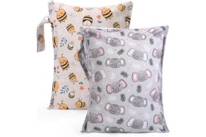 eaxin 2pcs Baby Diaper Mess-proof Wet Bags,Waterproof Reusable Travel Storage Stroller Daycare Soiled Items Beach Pool Yoga Gym Bag for Wet Toddler Swimsuits -Bee,Elephant