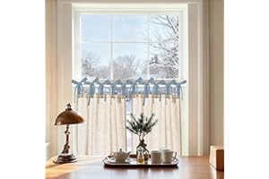 jinchan Linen Tie Top Curtains 24 Inch Length Farmhouse Cafe Curtains Set of 2 for Bedroom Bathroom Rustic Small Windows Light Filtering Crude Panels with Blue Ties