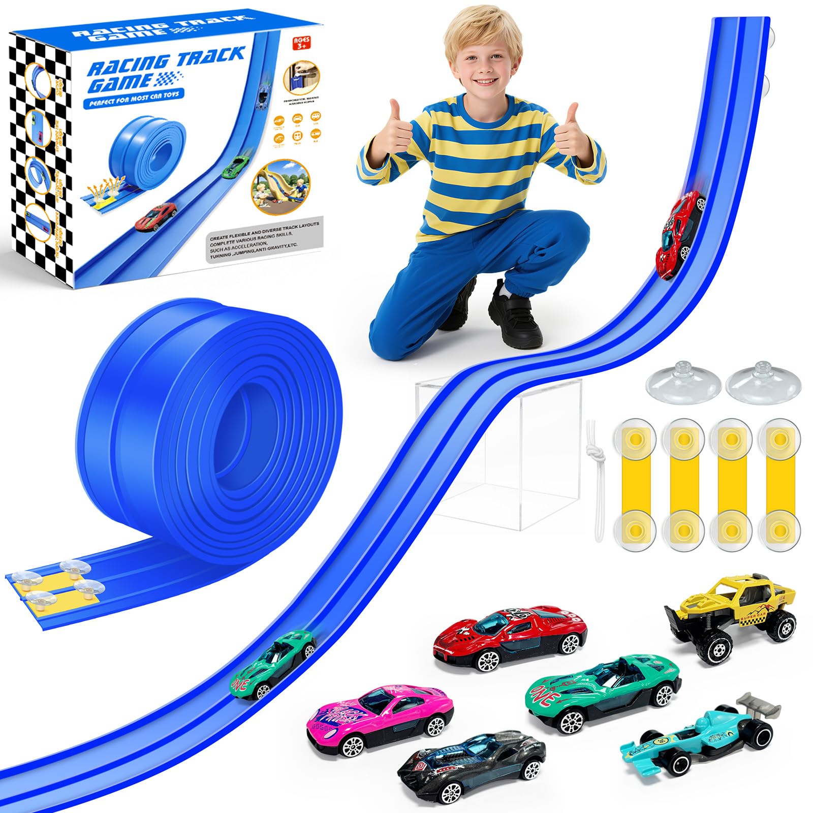 EFCRBS 15Ft Flex Track, Flexible Race Car Track for Kids Toy with 10 Suction Cups, Rolls Up Portable Racetrack Compatible with Hot Wheels & Diecast 1/64th Cars, Christmas Birthday Gifts for Boys(Blue)