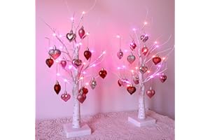 LLCHB Valentines Day Lighted Birch Tree Decorations, 24 Inch Small Table Top Artificial LED Lights Tree Decor with White Branches and Hanging Heart Shaped Ornaments, Timer USB & Battery Operated