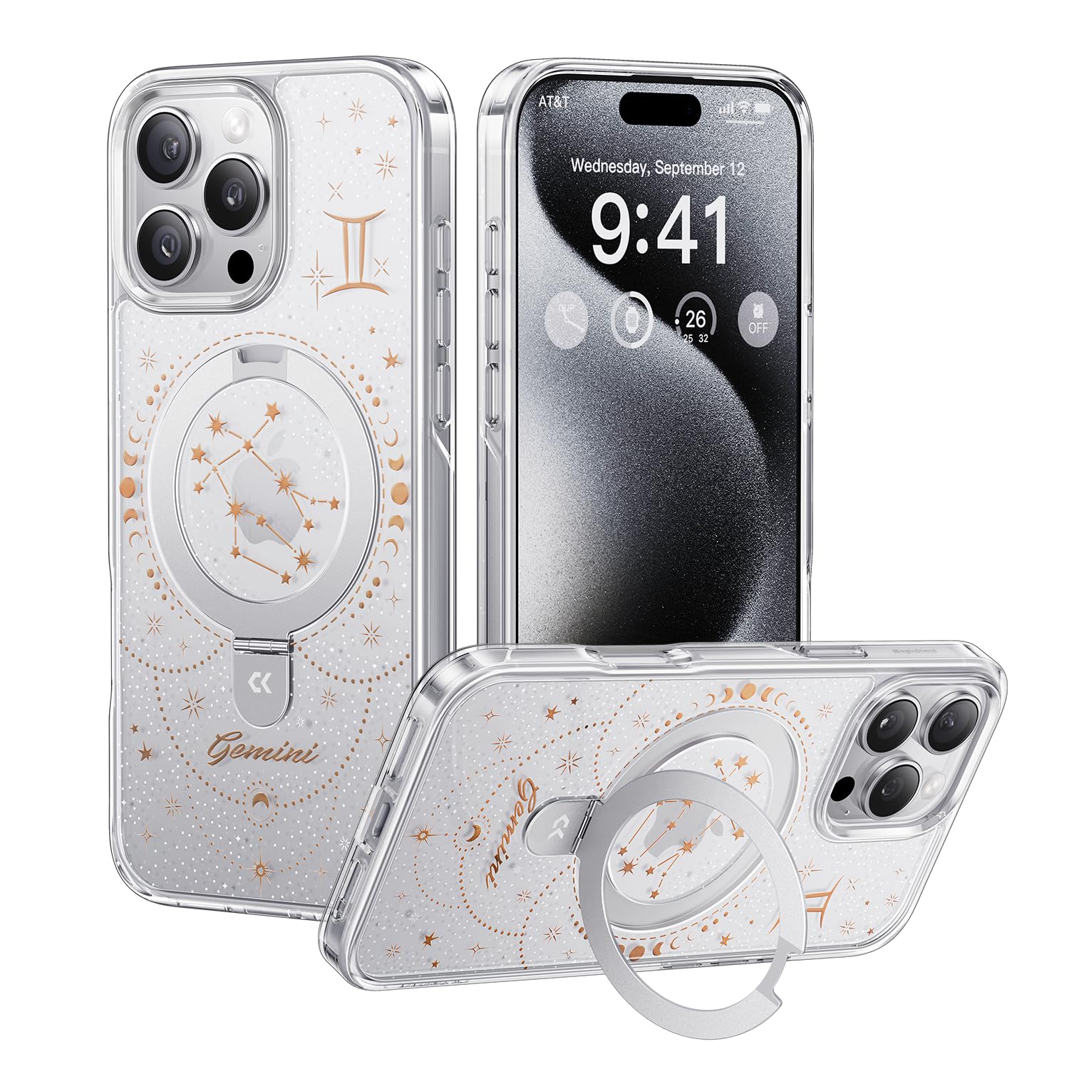 Photo 1 of CASEKOO Gemini [Zodiac Collection] for iPhone 16 Pro Max Case with Magnetic Ring Stand [Compatible with MagSafe] [Military-Grade Protection] Fashion Clear Back Design, Soft Edge
