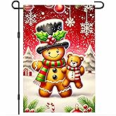 BlissYard Christmas Garden Flag 12x18 Inch Welcome Gingerbread and Teddy Yard Flag Double Sided Holiday Outdoor Banner with Candy Cane Snowflakes and Presents for Winter Porch Lawn Patio