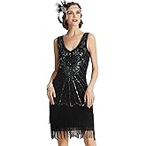 BABEYOND Women's Flapper Dresses 1920s V Neck Beaded Fringed Dress Great Gatsby Black