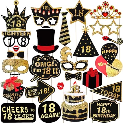 Amazon Com Oulii 18th Birthday Photo Booth Props Glitter Birthday Party Accessories Supplies No Diy Required Pack Of 29 Toys Games