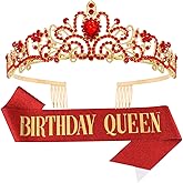 Happy Birthday Queen Tiara Crowns for Women, Red Sash, Party Favors Supplies Gift, 30th Decorations, Stuff Accessories