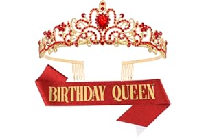 VELSCRUN Happy Birthday Queen Tiara Crowns for Women, Red Sash, Party Favors Supplies Gift, 30th Decorations, Stuff Accessories