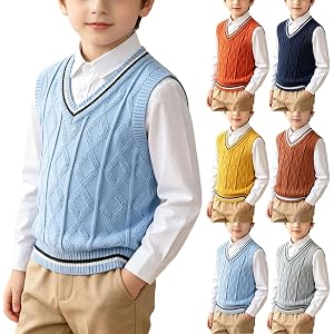 Kids Cable Argyle Knit Sweater Vest Boys Girls V Neck Sleeveless Stripe Trim Pullover Waistcoat Preppy Uniform 18M-9Y