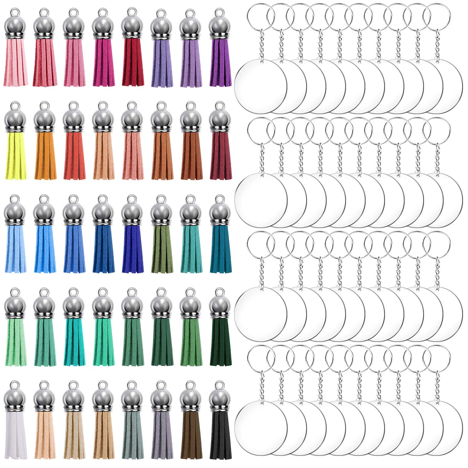 Duufin 160 Pcs Acrylic Transparent Circle Discs Set Including 40 Pcs Acrylic Keychain Blanks 40 Pcs Key Rings with Chain 40 Pcs Coloured Tassel and 40 Pcs Jump Rings for DIY Projects Craft, Round