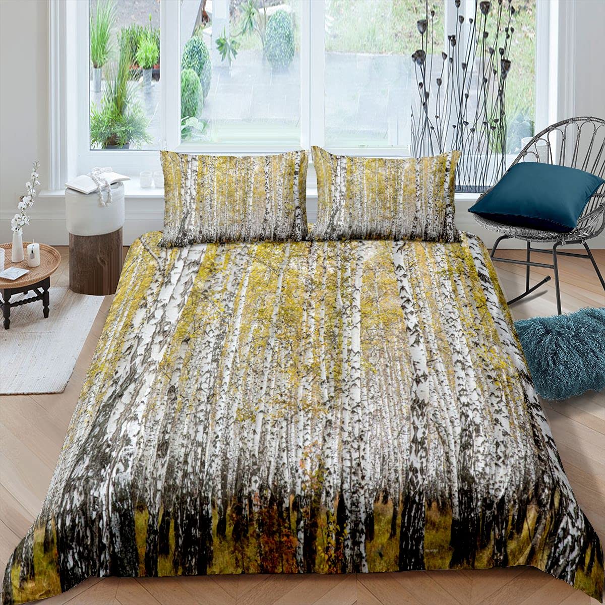 Loussiesd Birch Tree Duver Cover Set Autumn Birch Woodland Leaves Nature Picture Bedding Set Yellow Grey Quilt Cover with 2 Pillowcases 3Pcs Bedding King
