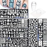 6Pcs Christmas Nail Stamp Template Kit 1 Silicone Stamper 1 Scraper Winter Snowflakes Nail Art Stamping Plates Xmas Snow Deer Bells Pine Tree Nail Stamping Image Stamp for Women Nail Art Supplies