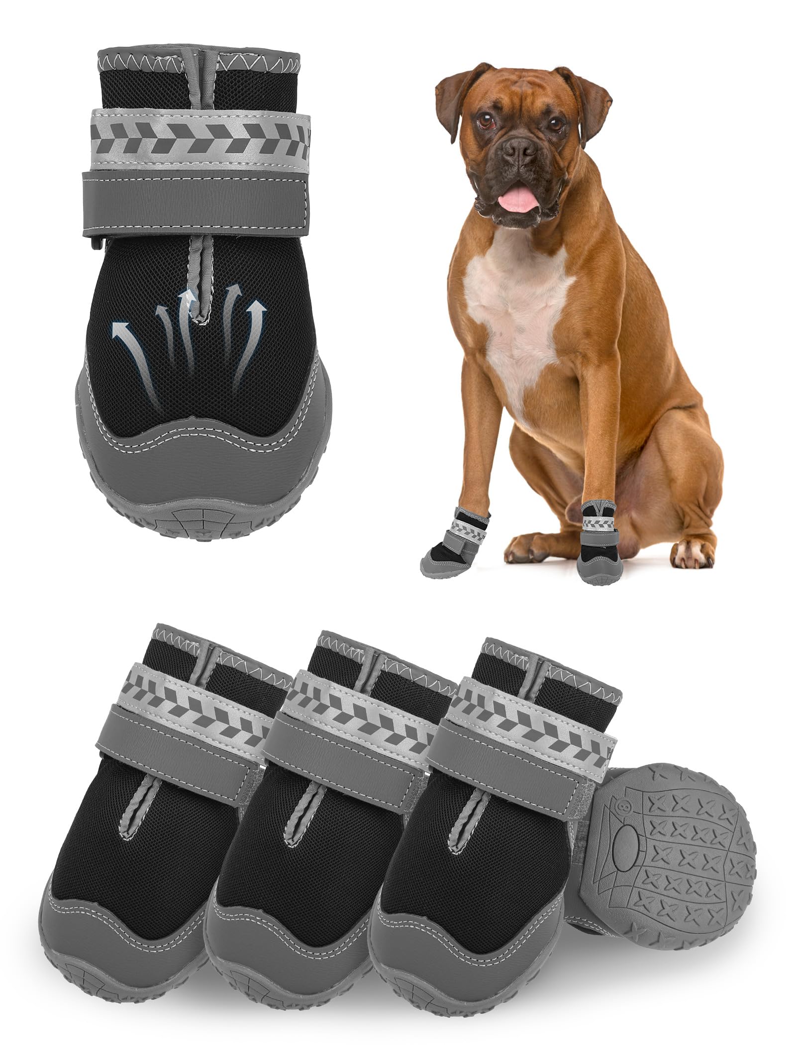 Photo 1 of SCENEREAL Large Dog Shoes for Hot Pavement, Mesh Breathable Booties for Summer Walking, Reflective Pet Boots & Paw Protectors for Outdoor, Black Size 8
