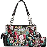 Colorful Owl Western Summer Fashion Purse Concealed Carry Handbags Women Country Shoulder Bag Wallet Set (Black Set)