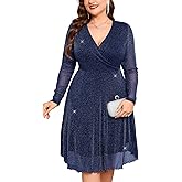 ZOMVA Plus Size Sparkly Mesh Dress A Line V Neck Wrap Short Glitter Dresses Wedding Guest Cocktail Evening Party