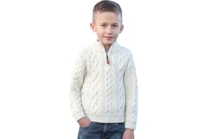 Aran Crafts Boy's Irish Cable Knitted Half Zip Sweater (100% Merino Wool)