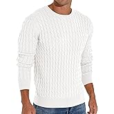 Askdeer Men's Pullover Sweater Crewneck Cable Knit Long Sleeve Sweater Classic Soft Knitted Sweaters with Ribbing Edge White