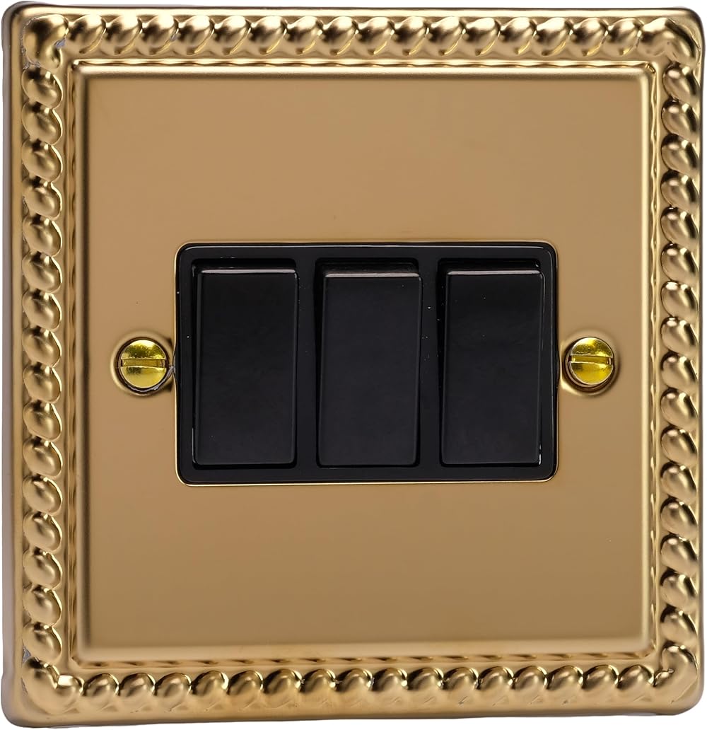 Varilight 3-Gang Rocker Switch 2-Way Georgian Brass Black Rockers XG3B