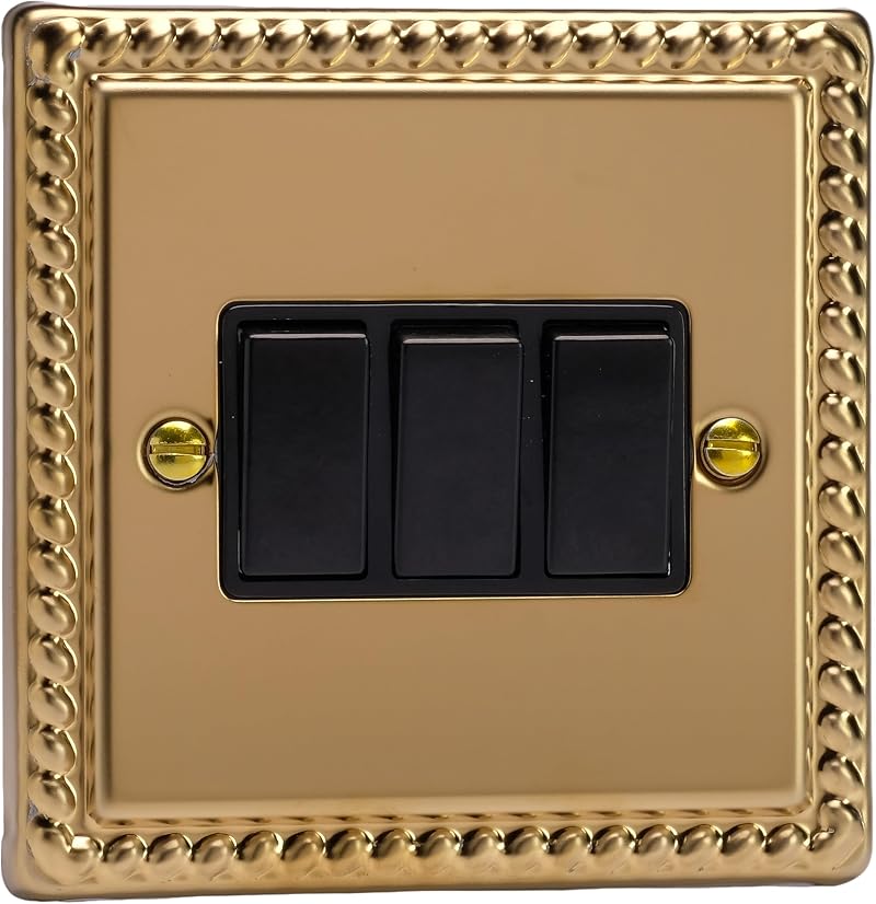 Varilight 3-Gang Rocker Switch 2-Way Georgian Brass Black Rockers XG3B