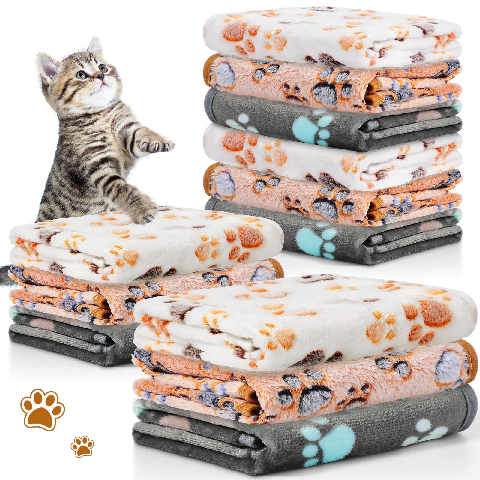 Photo 1 of Tegeme 12 Pieces Pet Blanket Soft Fleece Dog Fluffy Doggie Warm Felt Throw Spring Cute Paw Print Puppy Kitten Sleep Mat Bed Covers for Cat(23 x 16 Inch,Dark Gray, White, Camel)