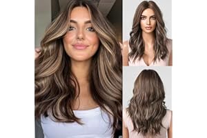 KOME Brown Long Wavy Wig for Women,Highlight Middle Part Curly Wavy Wig,Shoulder Length Natural Looking Synthetic Heat Resistant Fiber Wig for Daily Party Use