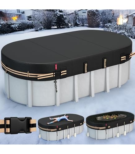 ColourTree Poolabdeckung Oval (3,7x7,3m) – Strapazierfähig, Wasserdicht, Mit Stahlseil & Winde