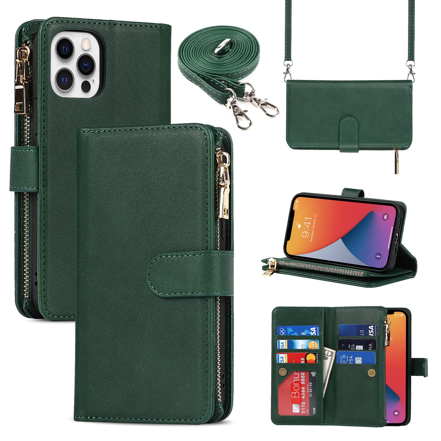 Cavor Crossbody iPhone 12 Pro Max Case With Card Holder With Strap,Flip Leather Wallet Case,[9 Card Holder] Zipper Detachable Lanyard Phone Case Cover for Women for iPhone 12 Pro Max - Dark Green — image 1