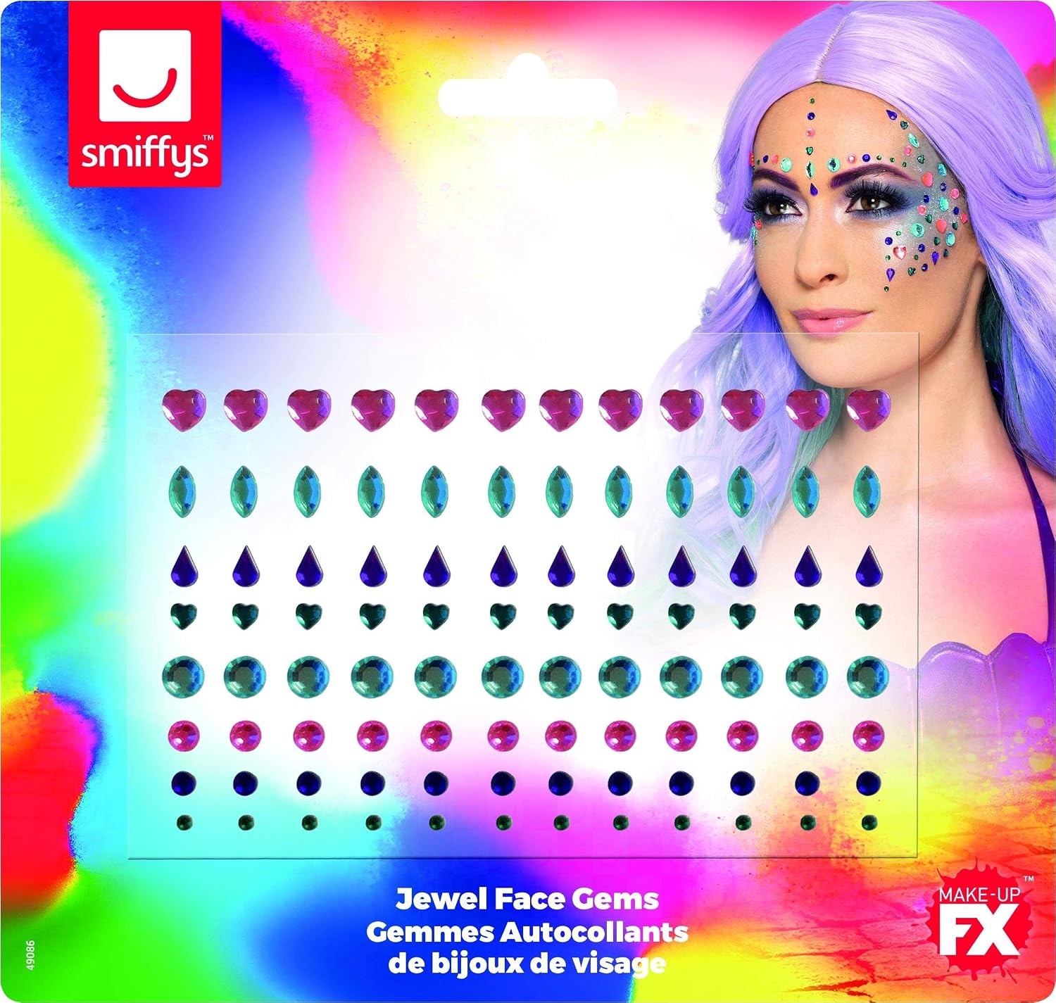 Smiffys Make-Up FX, Pastel Jewel Face Gems, Purple Sheet of 100 Assorted, Self Adhesive, Cosmetics and Disguises Fancy Dress