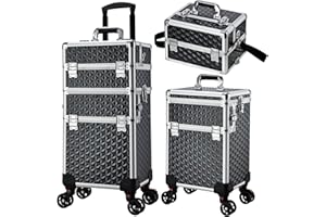 YUEIEOUN Professional Rolling Makeup Case, 3 in 1 Makeup Train Case, Cosmetology Case on Wheels, Large Makeup Trolley Salon Barber Traveling Trunk Suitcase for Makeup School Nail Tech Hairstylist MUA, Black